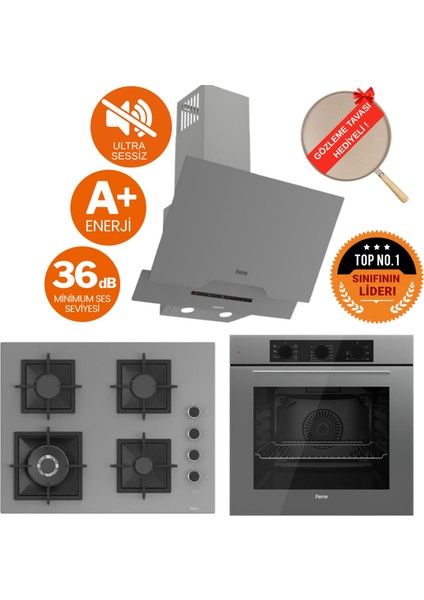 Flowart&silentart Gına/sessiz Antrasit Gri Ankastre Set (D065-SA + QBL62CPR +SC408-WFA 1'wok)