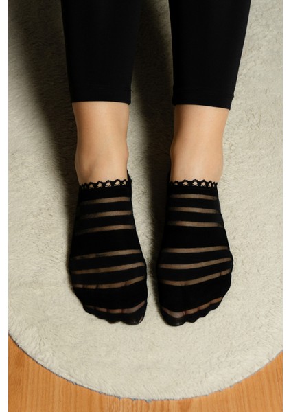 Dantel Ağızlı Şerit Desenli Kadın Ince Babet Çorabı 35-37
