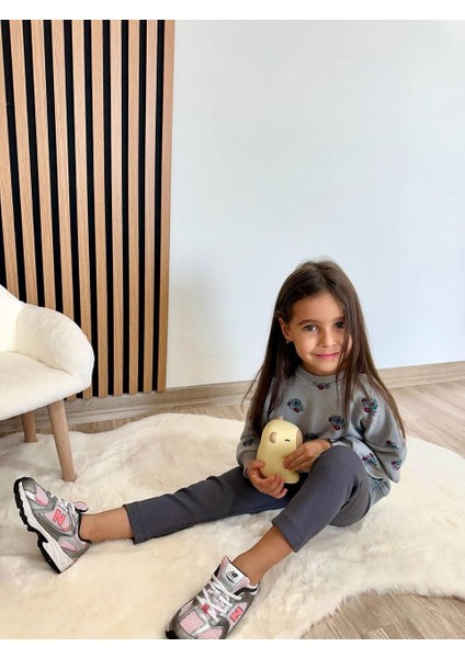 Kız Çocuk Pamuklu Gri Çiçek Desenli Sweatshirt & Tayt Takım fiyatları