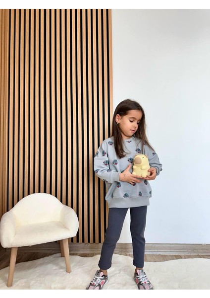 Kız Çocuk Pamuklu Gri Çiçek Desenli Sweatshirt & Tayt Takım modelleri