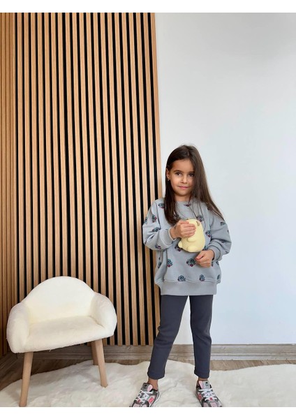 Kız Çocuk Pamuklu Gri Çiçek Desenli Sweatshirt & Tayt Takım fırsatları