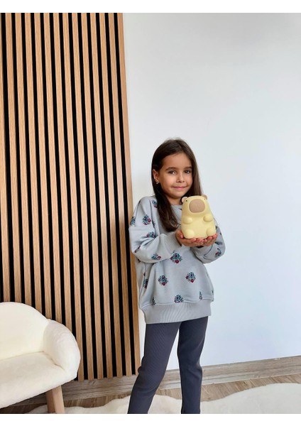 Kız Çocuk Pamuklu Gri Çiçek Desenli Sweatshirt & Tayt Takım indirimleri