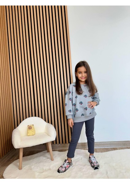 Kız Çocuk Pamuklu Gri Çiçek Desenli Sweatshirt & Tayt Takım