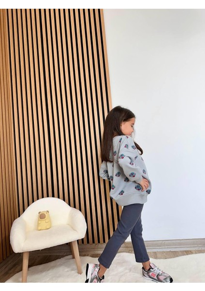 Kız Çocuk Pamuklu Gri Çiçek Desenli Sweatshirt & Tayt Takım