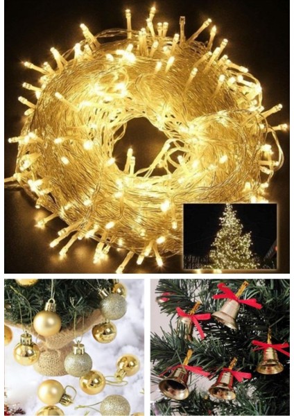 Özel 3 Lü Yılbaşı Seti 12’li Gold Yılbaşı Ağacı Topu 12 Adet Çam Ağacı Çanı 10 Metre Peri LED Işık