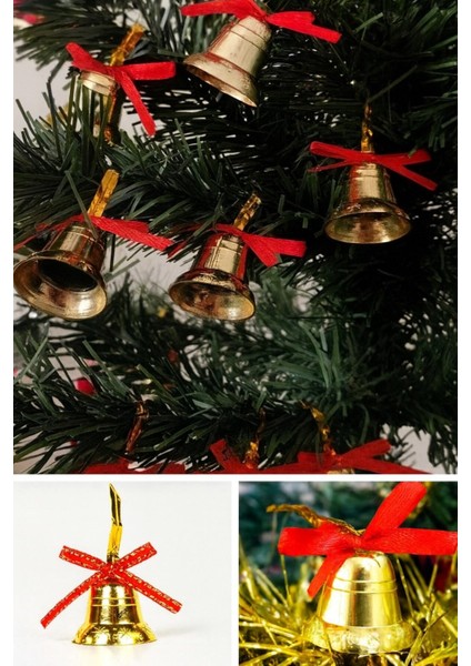 Özel 3 Lü Yılbaşı Seti 12’li Gold Yılbaşı Ağacı Topu 12 Adet Çam Ağacı Çanı 10 Metre Peri LED Işık