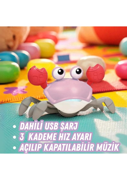 Oyuncak Emeklemeye Yardımcı 3 Kademeli Hız Kapatıp Açılabilen Müzikli Sensörlü Dahili Şarjlı Yengeç Yatay Hareketli