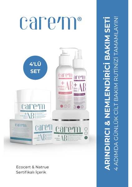 Cilt Bakım Seti - 4'lü Set - Temizleme Sütü + Arındırıcı Tonik + Aromatik Kil Maskesi + Nb Krem