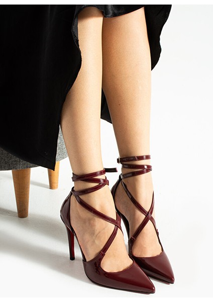 Bordo Rugan Bilekten Bağlamalı Sivri Burun Yüksek Ince Topuklu Kadın Stiletto Ayakkabı fiyatları