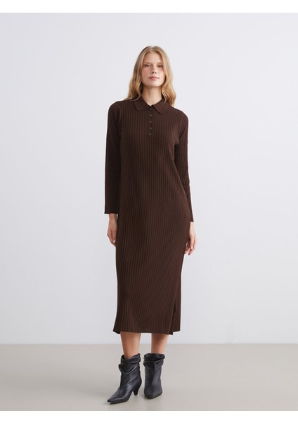 Yeni Sezon Polo Yaka Fitilli Triko Elbise