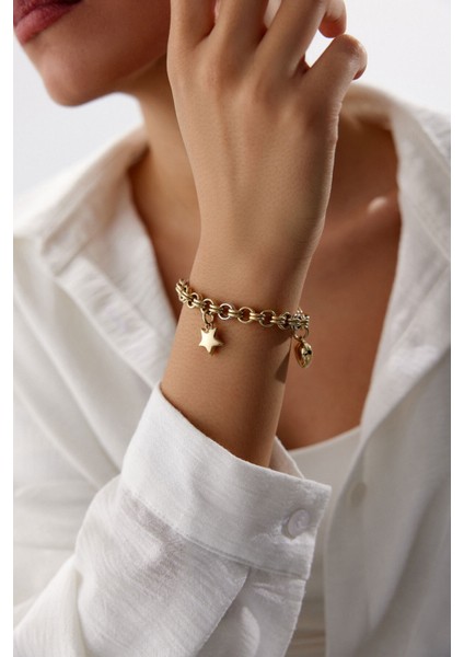 14 Ayar Altın Şans Bilekliği Kalp ve Yıldız