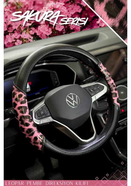 Sakura Serisi Leopar Karbon Desenli Direksiyon Kılıfı Araç Aksesuar Geçmeli Direksiyon Kılıfı