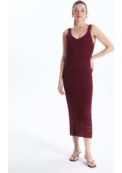 Yeni Sezon V Yaka Ajurlu Kadın Triko Elbise