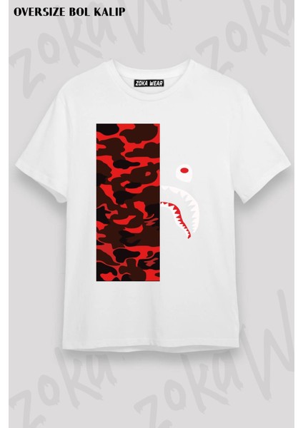 Unisex Oversize Kalıp Bape Shark Red Kamuflaj Tasarım Baskılı Tshirt
