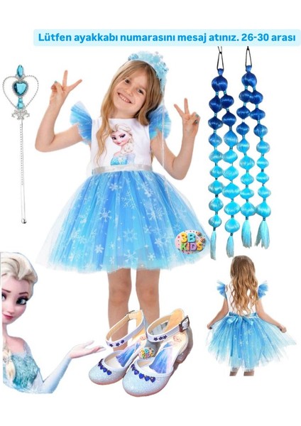 Elsa Kabarık Kısa Elbise Kostüm Takımı Elsa Mavi Bubble Saç Elsa Taç Asa Elsa Topuklu Ayakkabı Seti