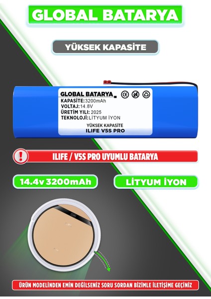 Ilıfe V5S Pro Uyumlu Robot Süpürge Bataryası 14.8V 3200MAH Li-Ion Pil (Yüksek Kapasite)