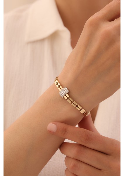 14 Ayar Altın Külçe Silindir Baget Taşlı Bileklik