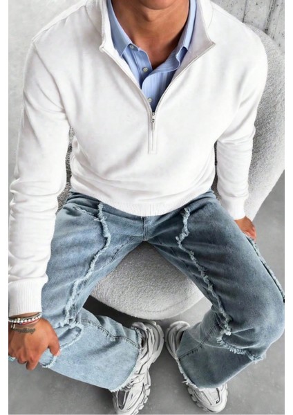 Erkek Beyaz Regular Fit Yarım Pat Fermuarlı Yaka Triko Kazak