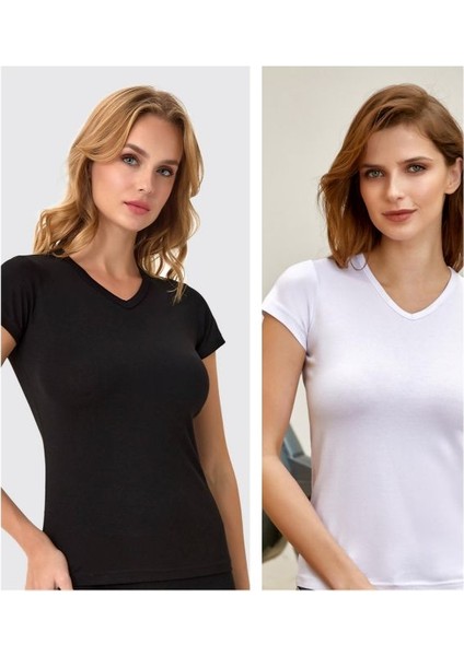 Berrak 2'li (Siyah ve Beyaz Renkler) V Yaka Kısa Kollu Pamuklu ve Likralı Kdın Kısa Kollu Atlet