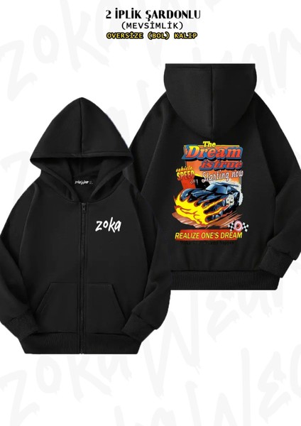 Unisex Dream Araba Baskılı Oversize Sırt Baskılı Fermuarlı Kapşonlu Hırka