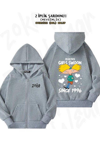 Unisex Hey Arnold! Valentine's Day Baskılı Oversize Sırt Baskılı Fermuarlı Kapşonlu Hırka