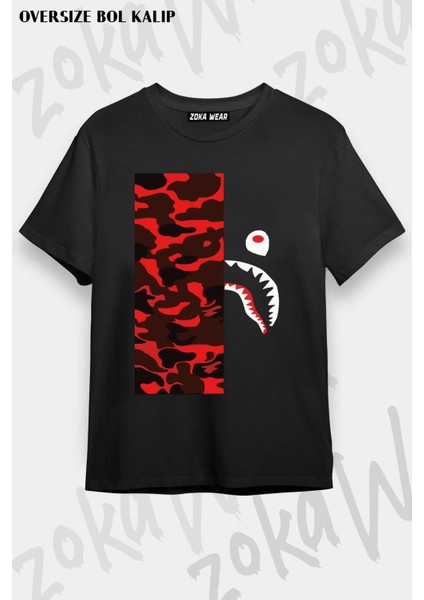 Unisex Oversize Kalıp Bape Shark Red Kamuflaj Tasarım Baskılı Tshirt