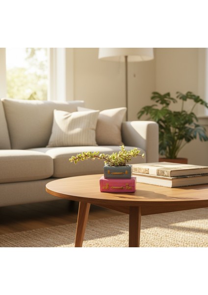 Vintage Çift Bavul Saksı- Masaüstü Düzenleyici- Dekoratif Bavul Saksı Pembe-Gri 12*8