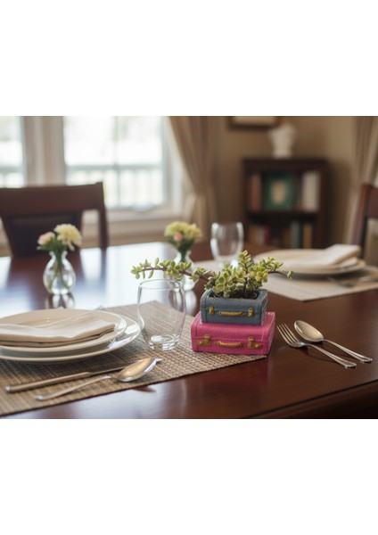 Vintage Çift Bavul Saksı- Masaüstü Düzenleyici- Dekoratif Bavul Saksı Pembe-Gri 12*8 modelleri