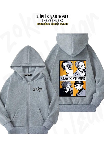 Unisex Black Stones Nana Baskılı Oversize Sırt Baskılı Fermuarlı Kapşonlu Hırka
