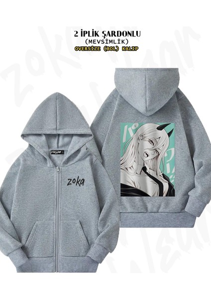 Unisex Chainsaw Man Power Baskılı Oversize Sırt Baskılı Fermuarlı Kapşonlu Hırka