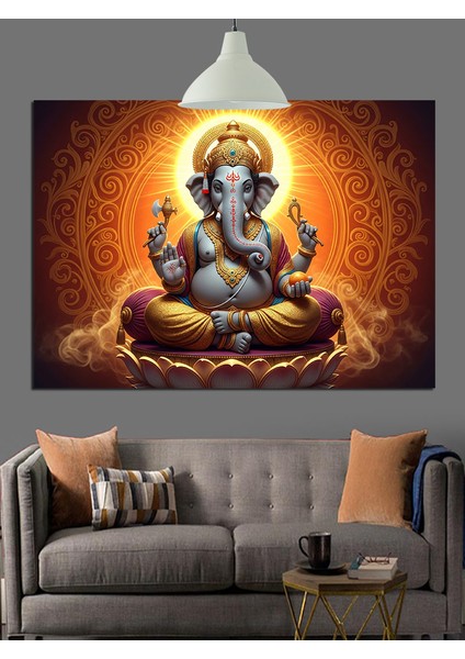 Oturan Fil Başlı Hindu Tanrısı Ganesha Dekoratif Kanvas - Mdf Ahşap Tablo