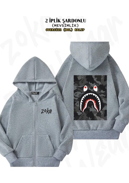 Unisex Gray Bape Shark Baskılı Oversize Sırt Baskılı Fermuarlı Kapşonlu Hırka