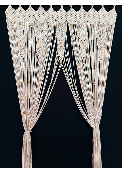 El Yapımı Boncuklu Pamuk Makrome Kapı Perdesi - Doğal Ahşap Boncuklu Dekor