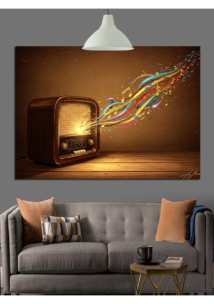 Eski Radyo ve Notalar Dekoratif Kanvas - Mdf Ahşap Tablo