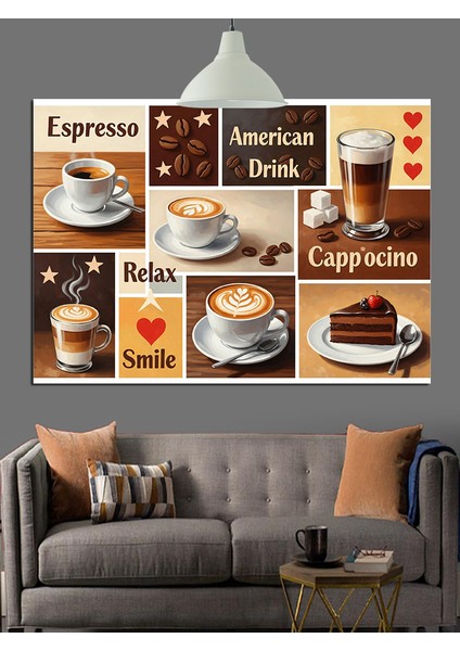 Farklı Kahve Çeşitleri Menü Tablosu Dekoratif Kanvas - Mdf Ahşap Tablo