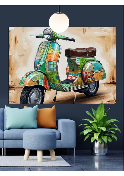 Retro Scooter Yeşil Vespa Dekoratif Kanvas - Mdf Ahşap Tablo