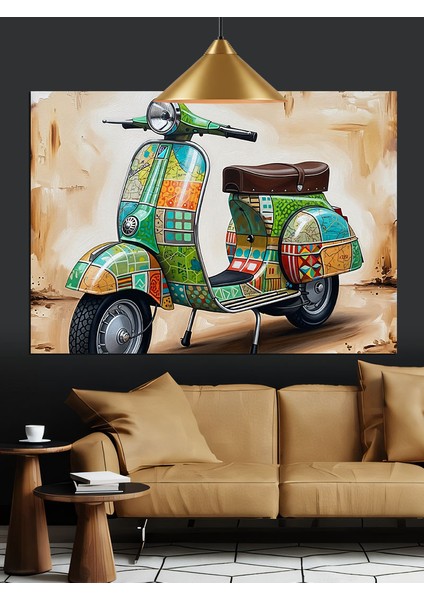 Retro Scooter Yeşil Vespa Dekoratif Kanvas - Mdf Ahşap Tablo fiyatları
