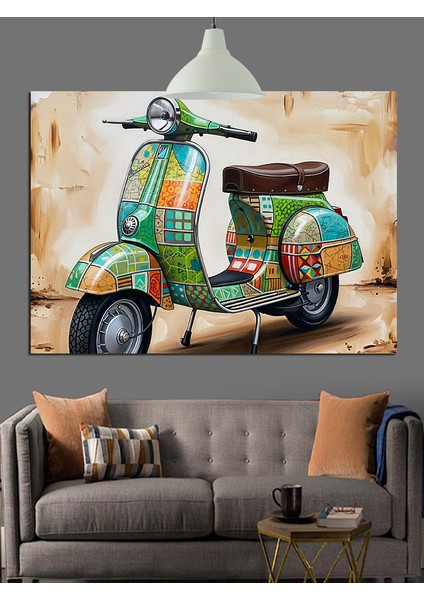 Retro Scooter Yeşil Vespa Dekoratif Kanvas - Mdf Ahşap Tablo fırsatları