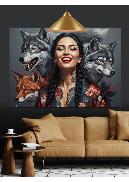 Kurtlar Kadın Portre Kolaj Dekoratif Kanvas - Mdf Ahşap Tablo