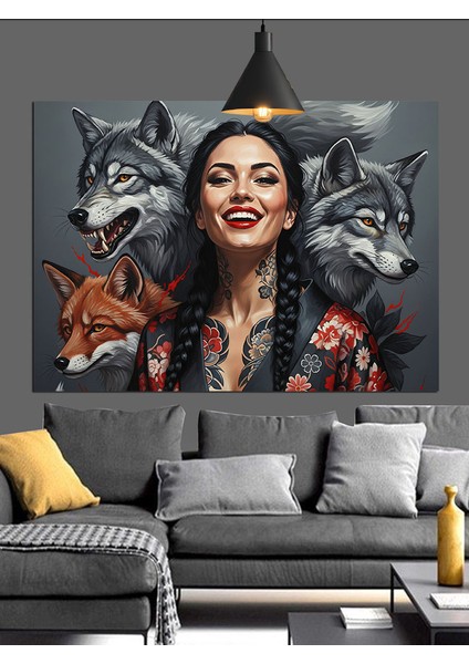 Kurtlar Kadın Portre Kolaj Dekoratif Kanvas - Mdf Ahşap Tablo fiyatları