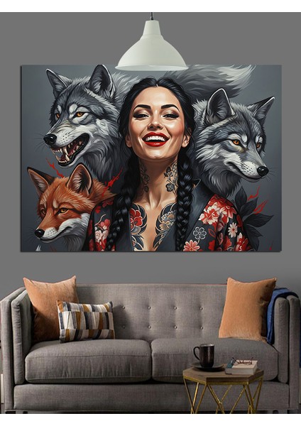 Kurtlar Kadın Portre Kolaj Dekoratif Kanvas - Mdf Ahşap Tablo modelleri