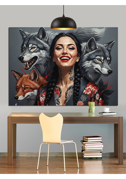 Kurtlar Kadın Portre Kolaj Dekoratif Kanvas - Mdf Ahşap Tablo fırsatları