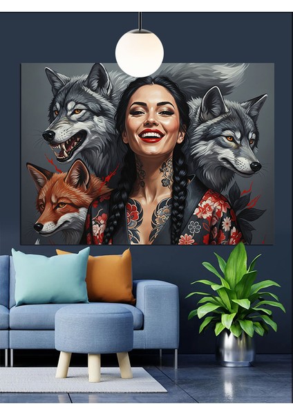 Kurtlar Kadın Portre Kolaj Dekoratif Kanvas - Mdf Ahşap Tablo indirimleri