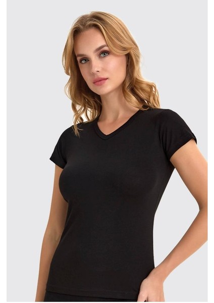 Berrak 2'li V Yaka Kısa Kollu Pamuklu ve Likralı Kdın Kısa Kollu Atlet