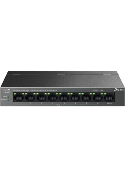 Tp-Lınk LS109P, Green Tech, 8 Port Megabit, Poe 63W, 1 Port Uplink, Long Range 250MT, Yönetilemez, Metal Kasalı Switch