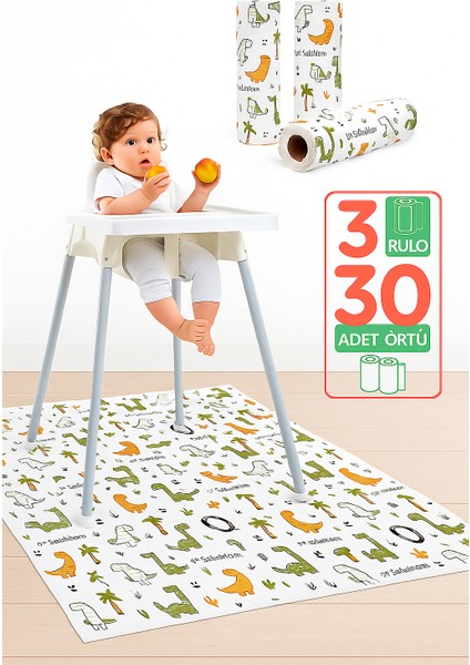 Mama Sandalyesi Altı ve Aktivite Örtüsü 3 Rulo 30 Adet 100X120 cm - Sevimli Dinazorlar