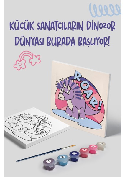 Dinazor Roar Temalı Çocuk Tuval Boyama Seti | Tuval + 6 Renk Akrilik Boya + Fırça