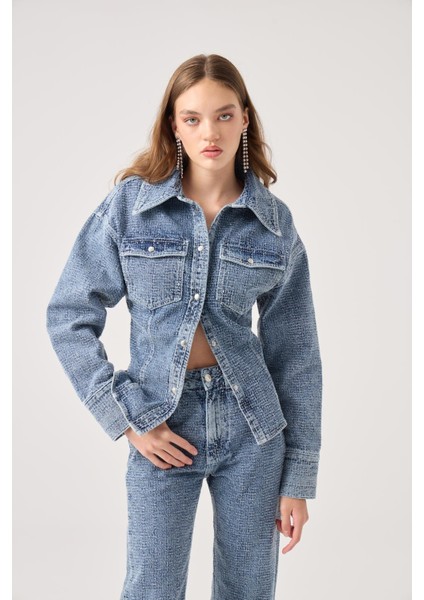 Özel Kumaş Efektli Belden Oturmalı Laura Jean Ceket Mavi
