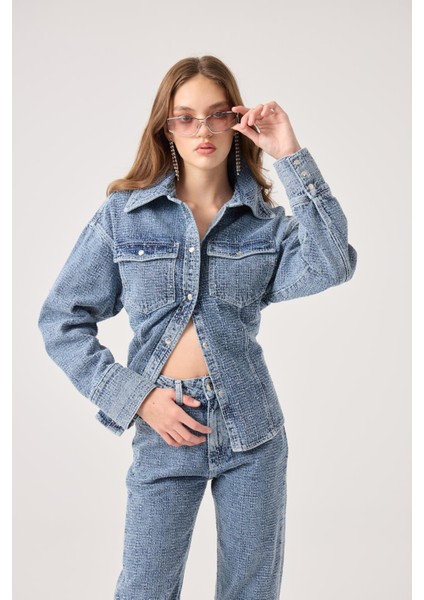 Özel Kumaş Efektli Belden Oturmalı Laura Jean Ceket Mavi fiyatları