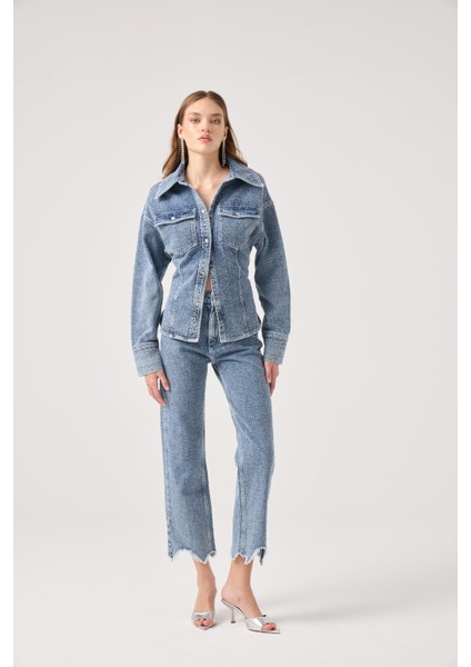 Özel Kumaş Efektli Belden Oturmalı Laura Jean Ceket Mavi fırsatları